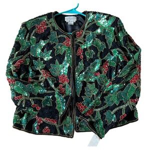 Niteline Della Roufogali Beaded Silk Sequin Holly Berry Mardi Gras Statement Vtg